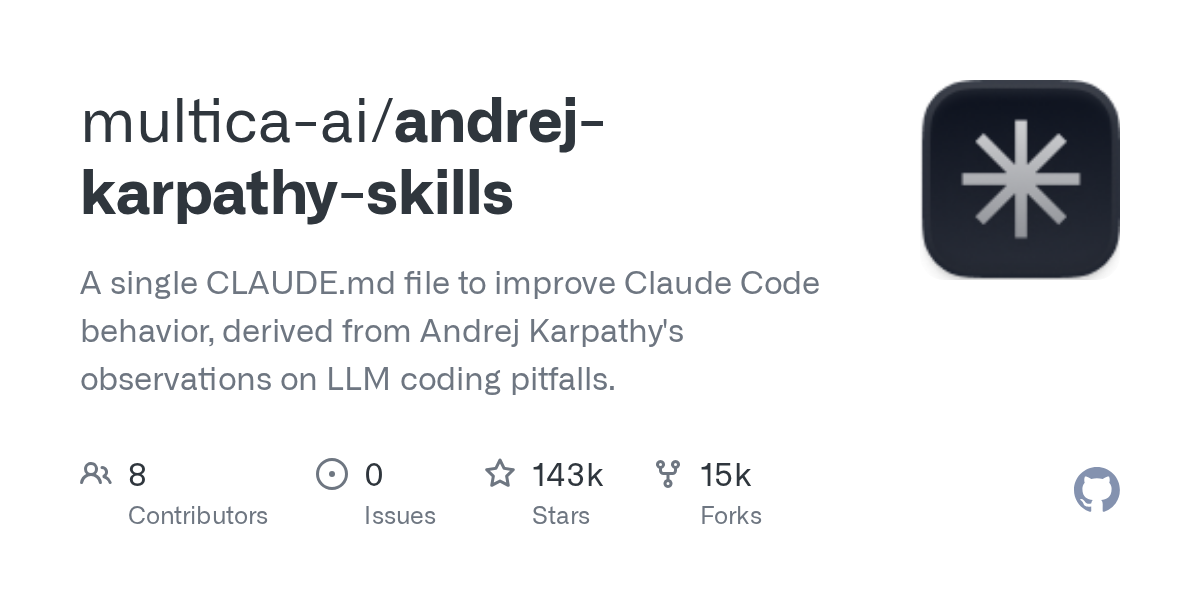 Karpathy-Inspired Claude Code Skills GitHub repository — coding principles in a single CLAUDE.md with 145K stars