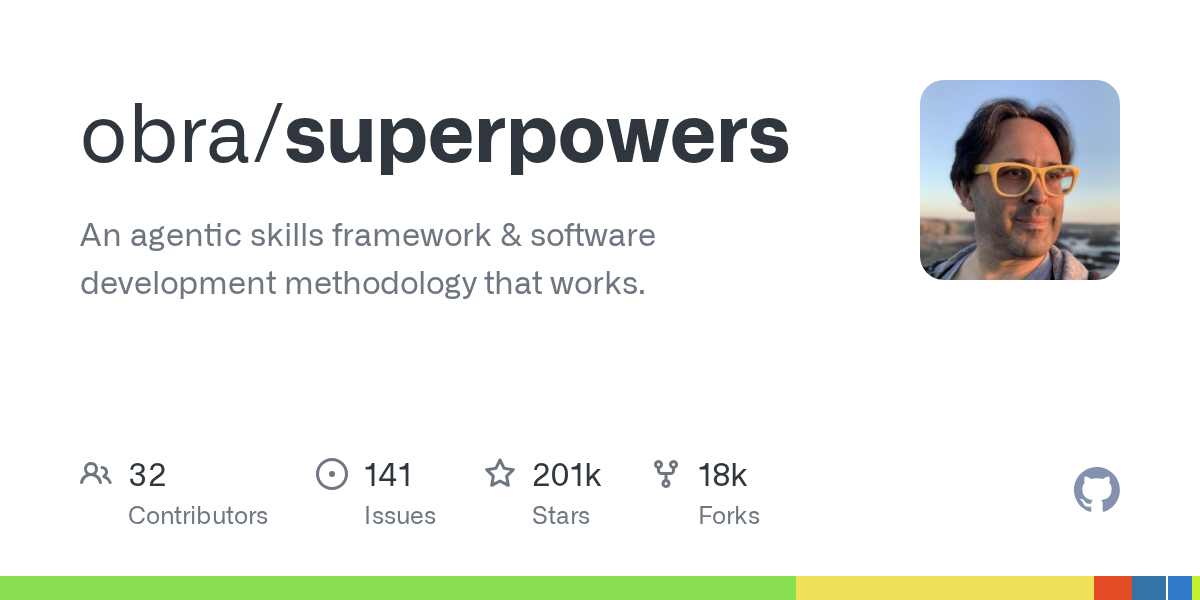 Superpowers GitHub repository — agentic skills framework and development methodology with 201K stars