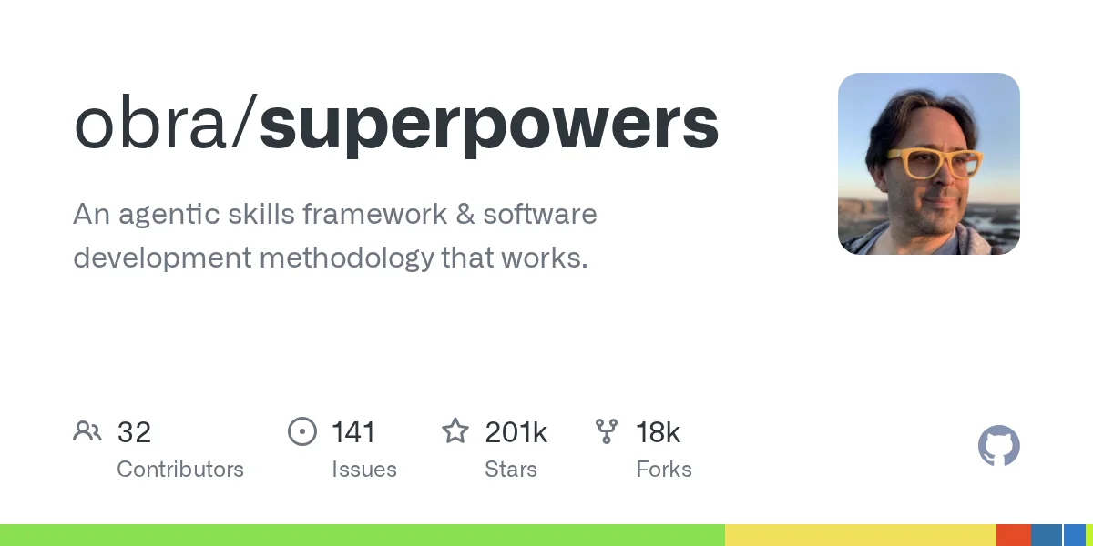 Superpowers GitHub repository — agentic skills framework and development methodology with 201K stars