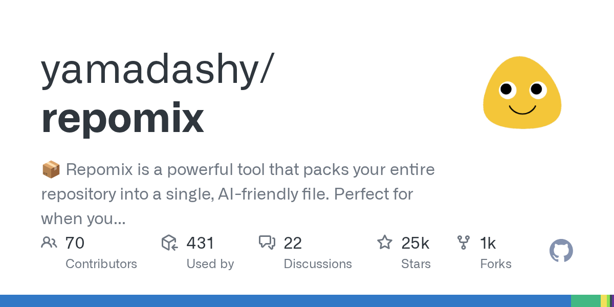Repomix GitHub repository — pack your codebase into AI-friendly format with 25K stars