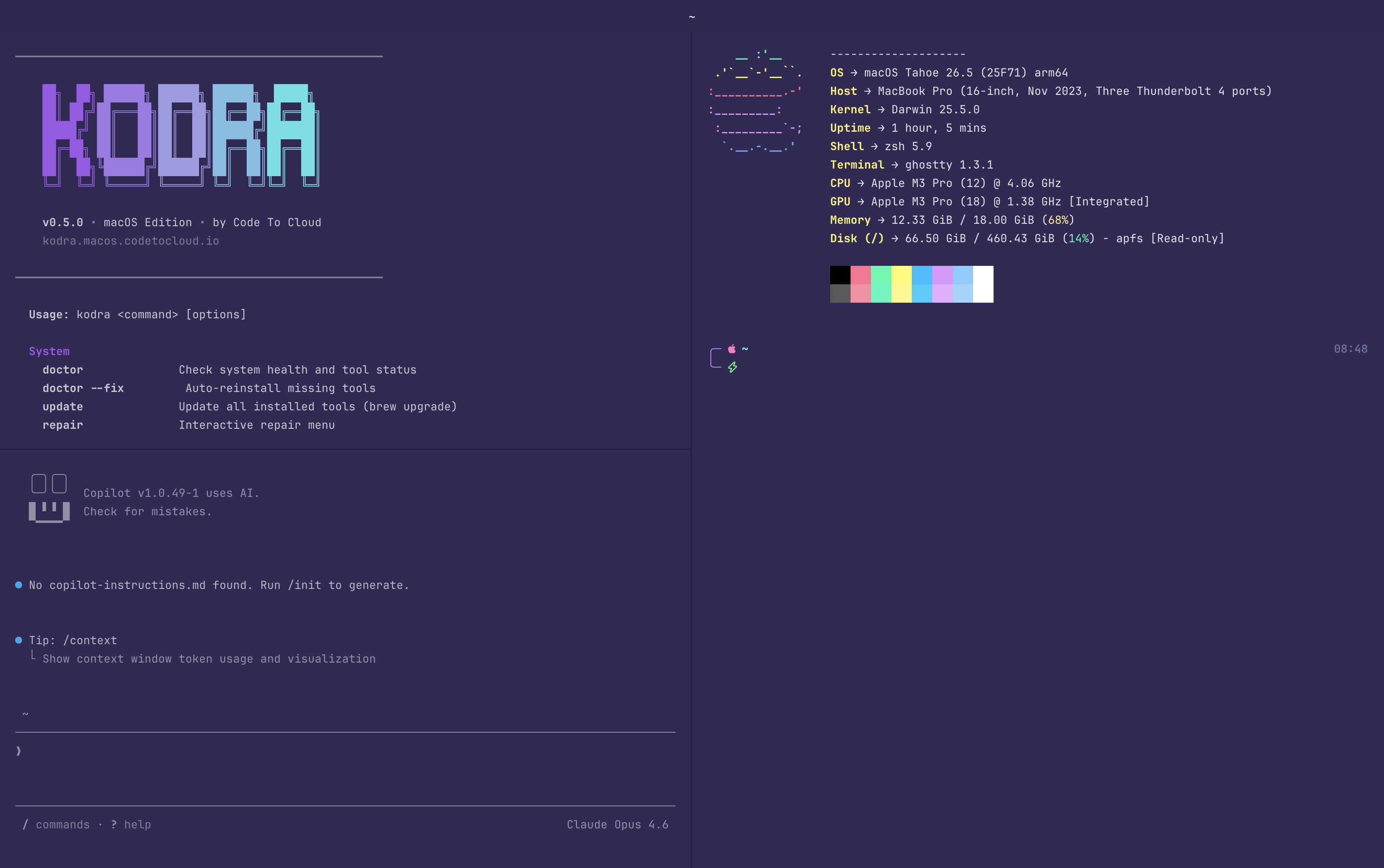Kodra macOS developer environment running Ghostty terminal with tmux — showing fastfetch system info, Kodra banner, and GitHub Copilot CLI on Apple Silicon