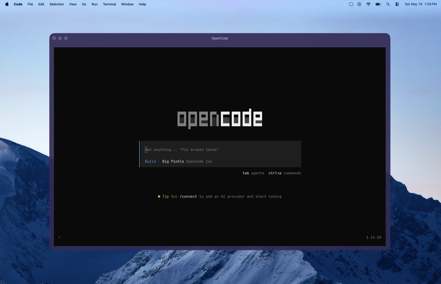 OpenCode AI coding agent running in VS Code terminal on macOS — terminal-native AI assistant for code generation and editing