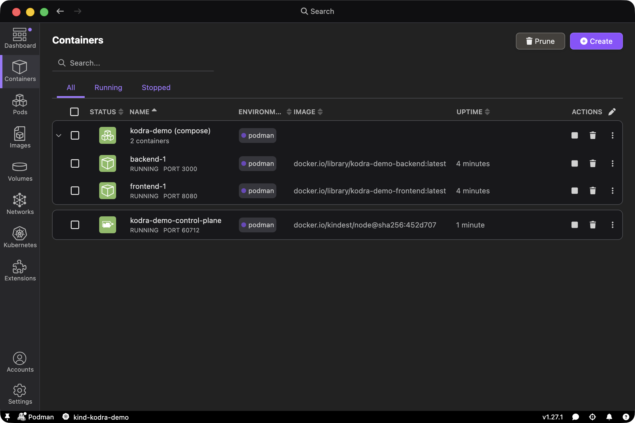 Podman Desktop on macOS showing running containers — frontend and backend services with Kind Kubernetes cluster, all powered by Podman
