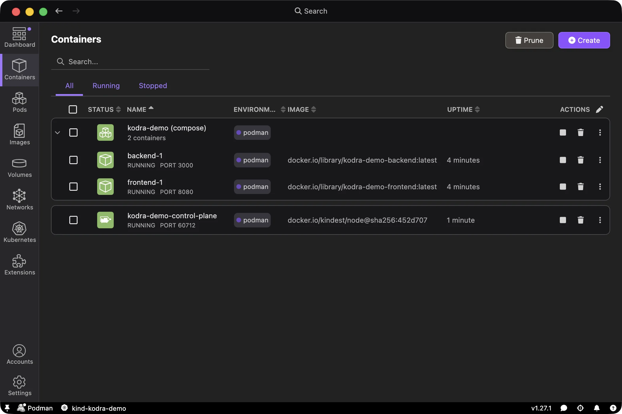 Podman Desktop on macOS showing running containers — frontend and backend services with Kind Kubernetes cluster, all powered by Podman