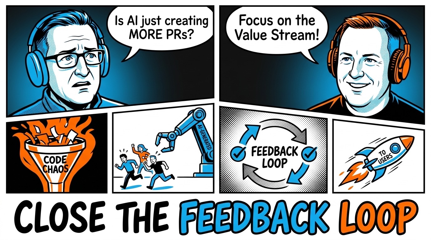 Two-panel comic of two podcast hosts wearing headphones — one asking 'Is AI just creating more PRs?' over a burning funnel labeled Code Chaos, the other answering 'Focus on the Value Stream!' over a feedback-loop diagram and a rocket labeled To Users — under the headline Close the Feedback Loop.
