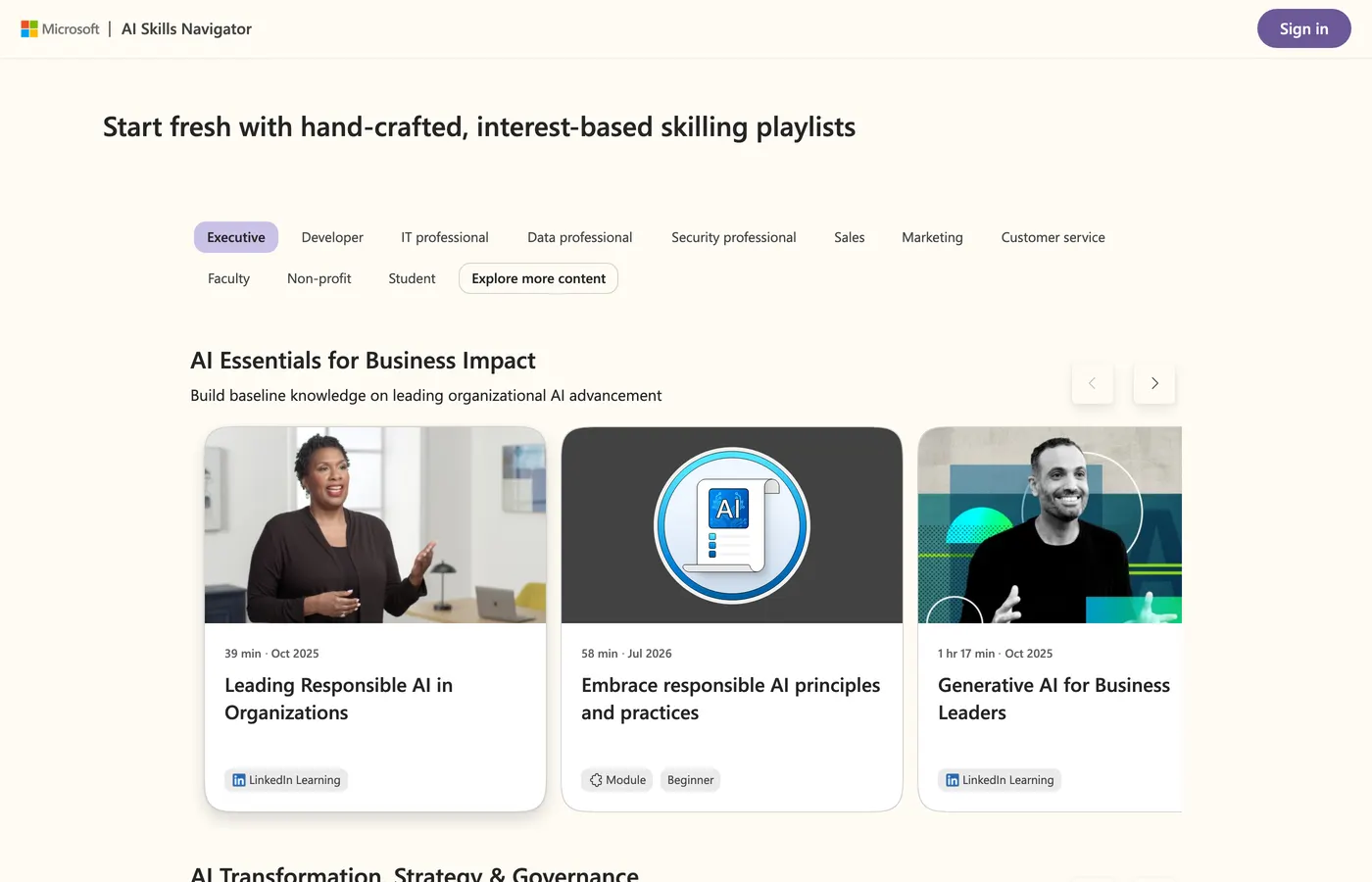 AI Skills Navigator with the Executive role selected, showing the AI Essentials for Business Impact row with three cards: Leading Responsible AI in Organizations, Embrace responsible AI principles and practices, and Generative AI for Business Leaders
