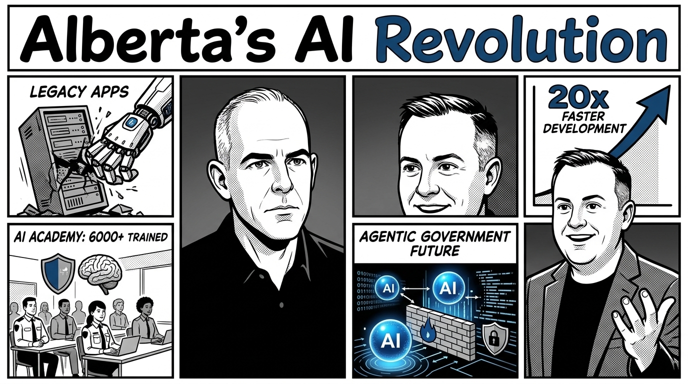 Comic-style illustration titled 'Alberta's AI Revolution,' with panels showing a robotic arm modernizing legacy servers, the AI Academy training public servants, a 20x faster development chart, and an agentic government diagram, alongside portraits of Janak Alford and Kevin Evans.