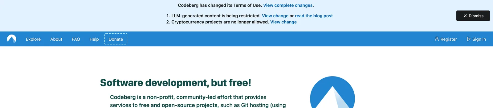 A banner across the top of Codeberg.org announcing changed Terms of Use, listing two changes: LLM-generated content is being restricted, and cryptocurrency projects are no longer allowed
