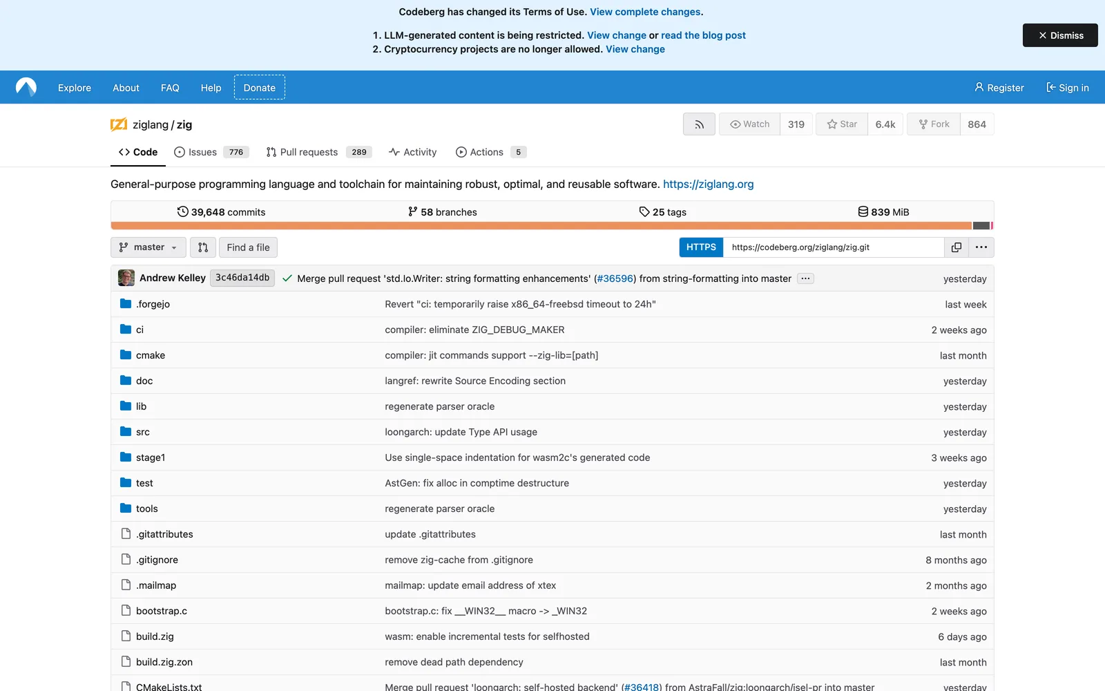 The ziglang/zig repository page on Codeberg showing 39,648 commits, 58 branches, 25 tags and 839 MiB of storage, with a merge commit by Andrew Kelley dated yesterday and a .forgejo directory in the file tree