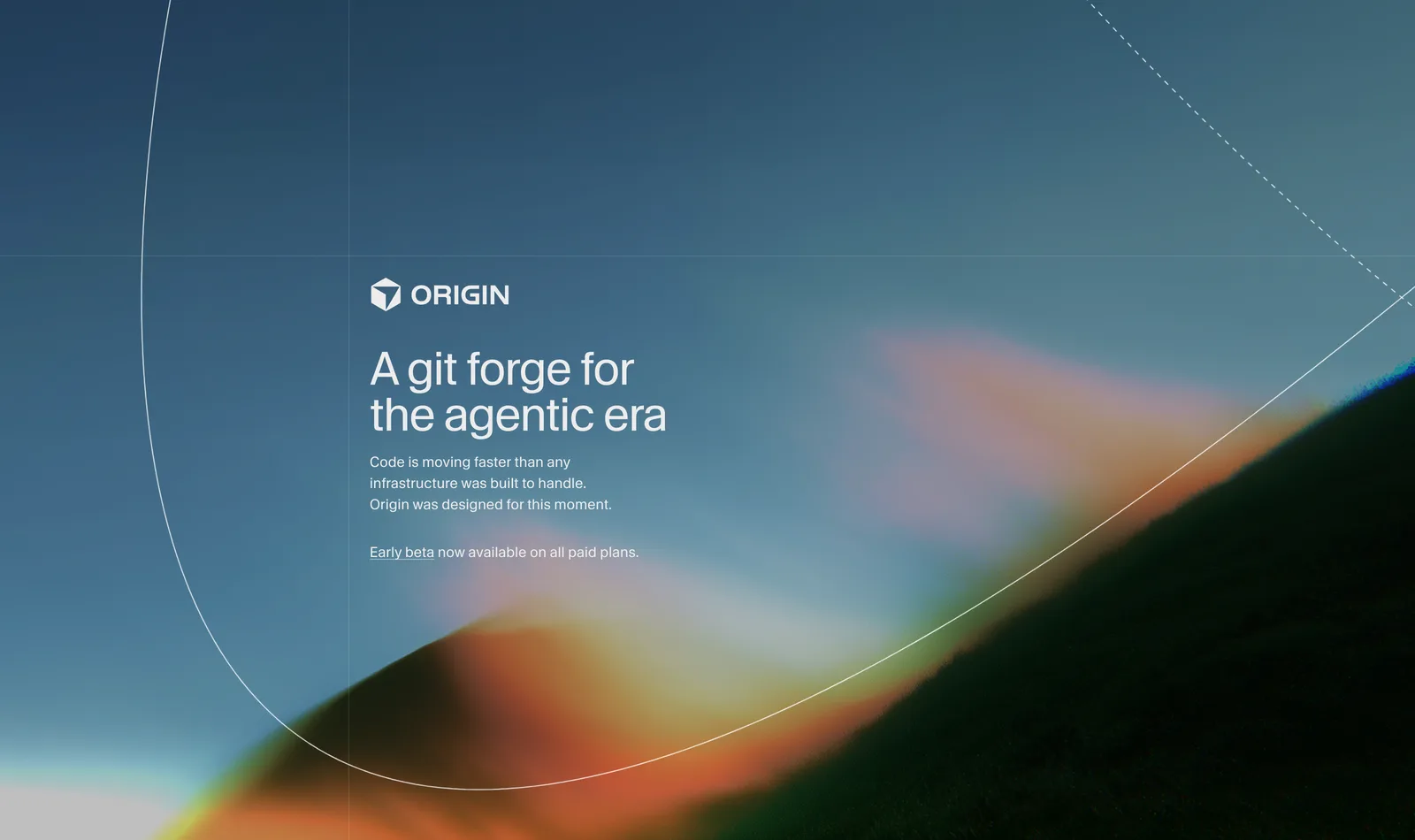 The Cursor Origin landing page, showing the Origin cube logo and the headline 'A git forge for the agentic era' over a blue and orange gradient landscape, with the line 'Early beta now available on all paid plans'