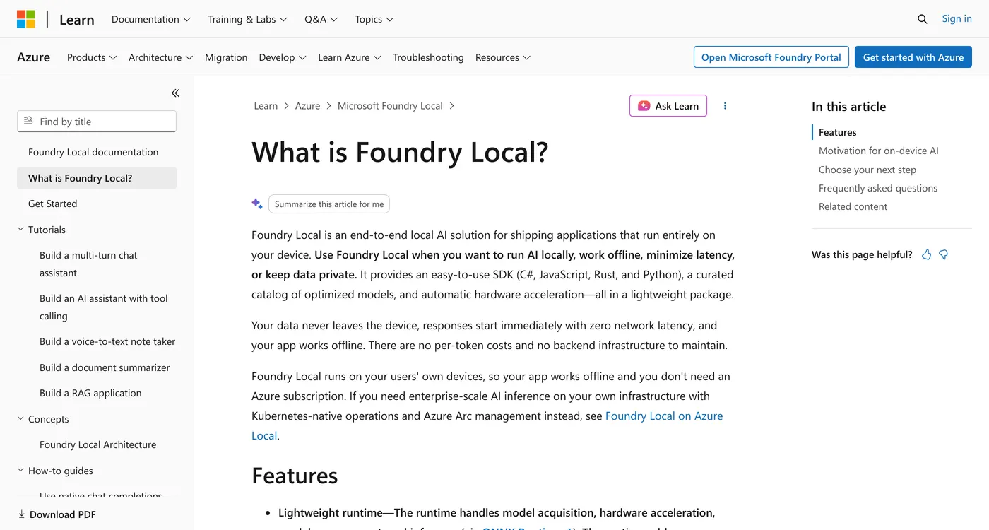 The Microsoft Learn page What is Foundry Local, showing the opening paragraphs and the documentation sidebar with tutorials for a chat assistant, tool calling, a note taker, a document summarizer and a RAG application