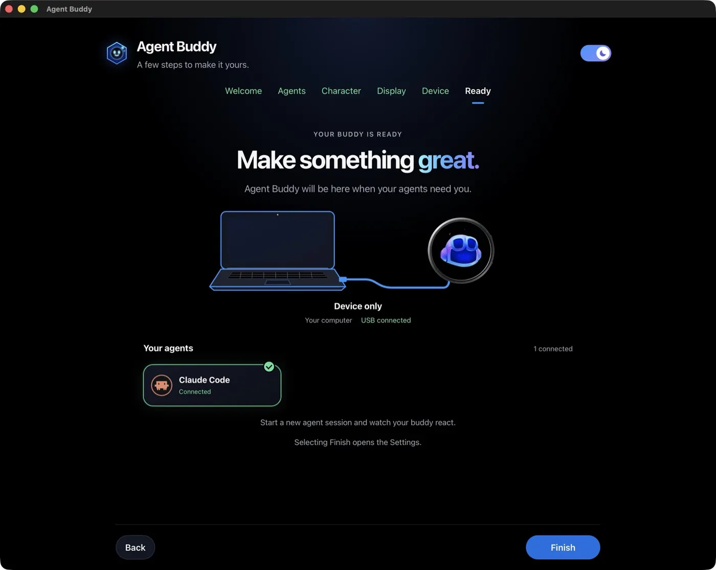 Agent Buddy wizard Ready step: a laptop connected by cable to the round device, labelled Device only, USB connected, with Claude Code listed as connected
