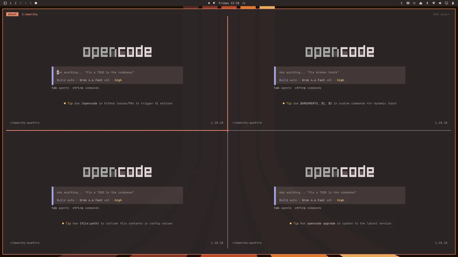 The Omarchy tsl 4 c layout: four OpenCode coding agent panes tiled in a two-by-two grid in a single tmux window