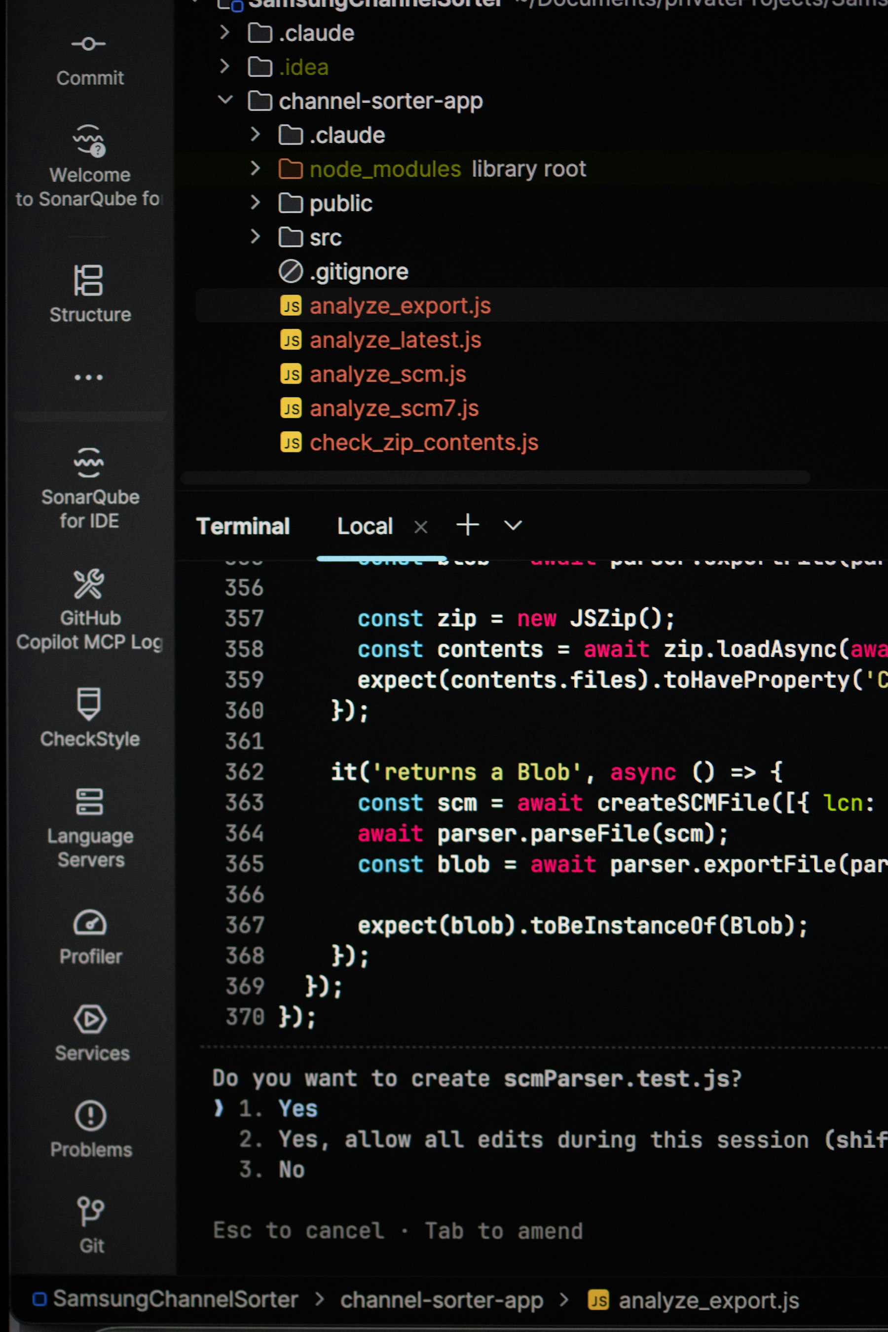 A dark-themed terminal and code editor screen showing lines of code